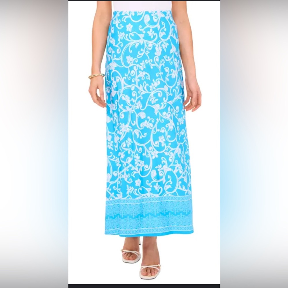 Vince Camuto Floral Print Maxi Skirt Blue White Stretchy Elastic Waist Flowy